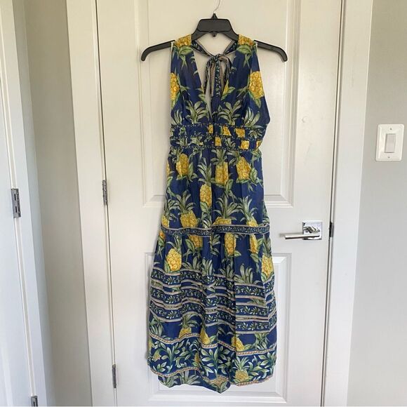 Anthropologie Farm Rio Pineapple A-Line Sleeveless Halter Midi Dress - Picture 2 of 6